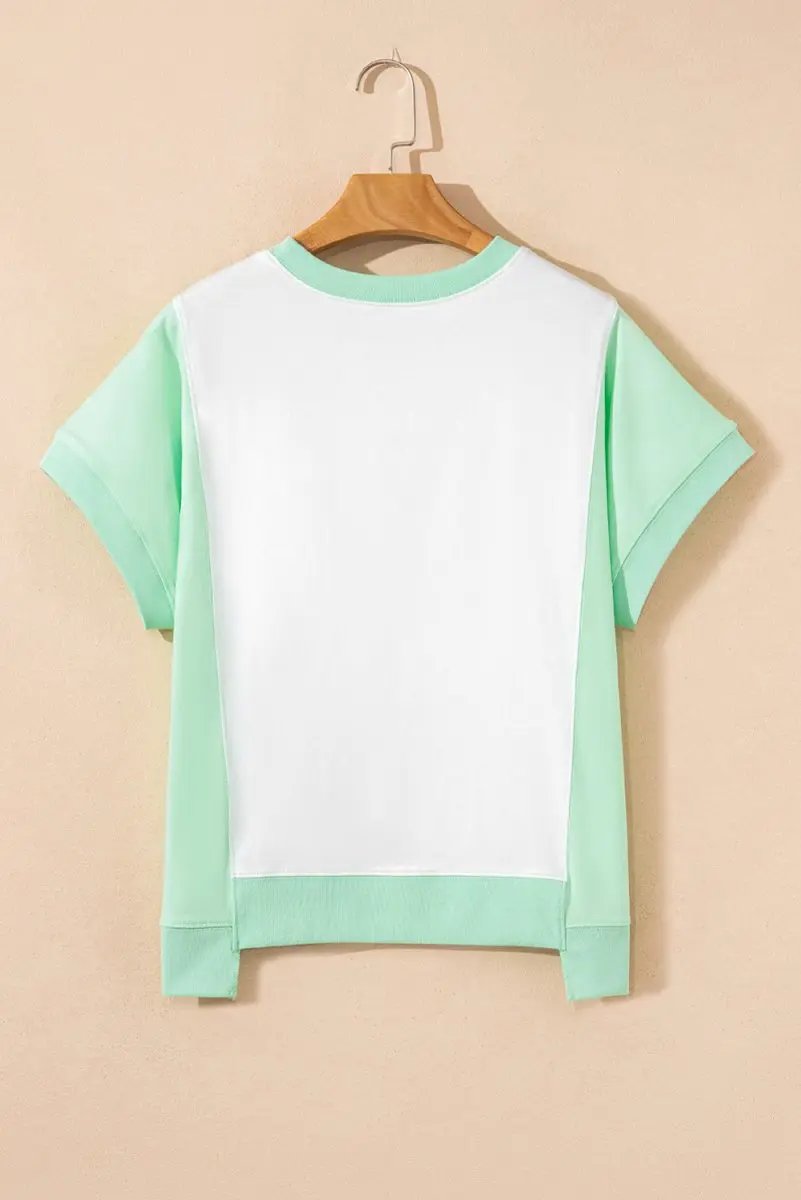 Light Green Color Block Exposed Seam Crew Neck T Shirt - Love Salve